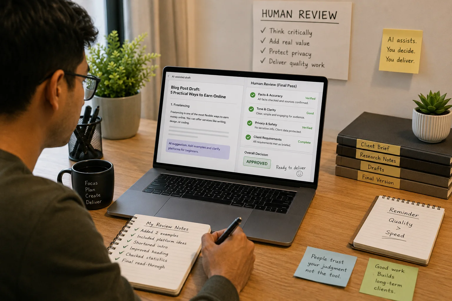 Freelancer reviewing AI assisted drafts for accuracy tone and client requirements