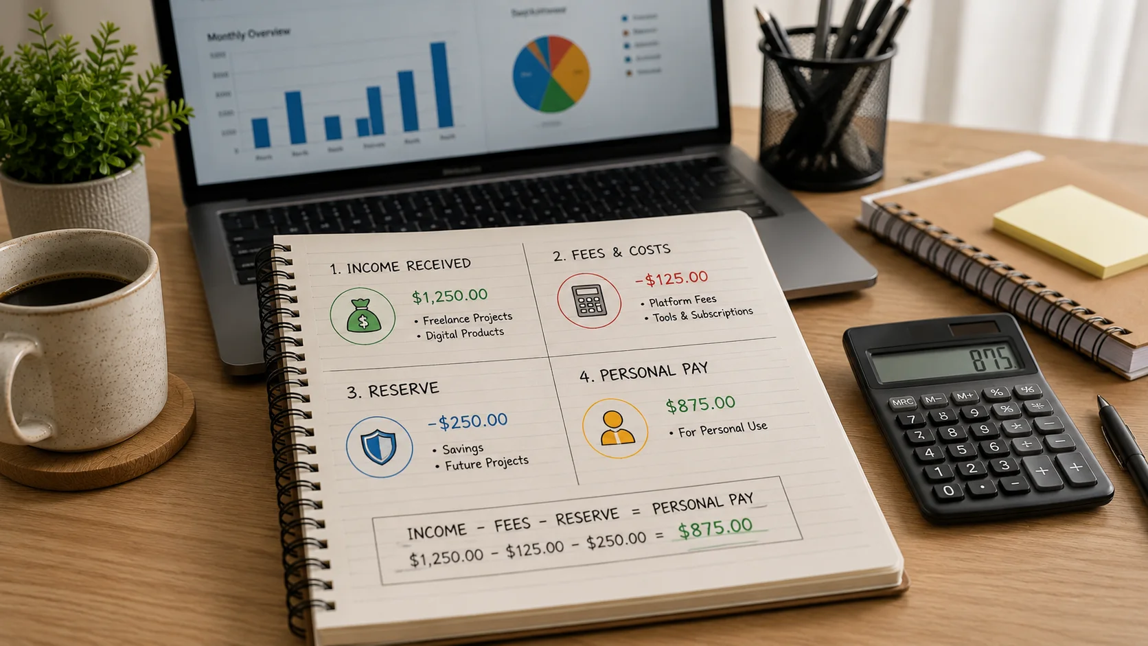 Simple online earnings tracker showing income expenses savings and available money