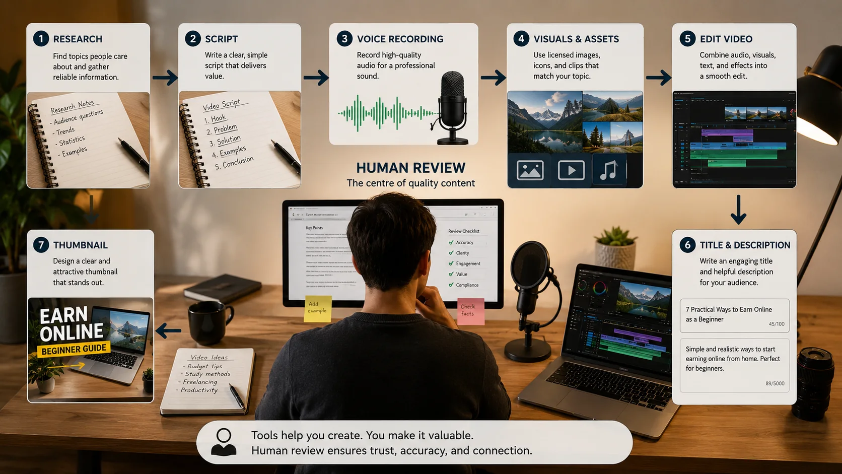 Faceless YouTube production workflow with research script voice visuals and editing