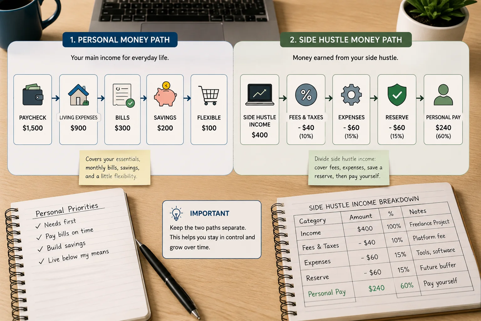 Side hustle money separated into income expenses tax reserve and personal pay