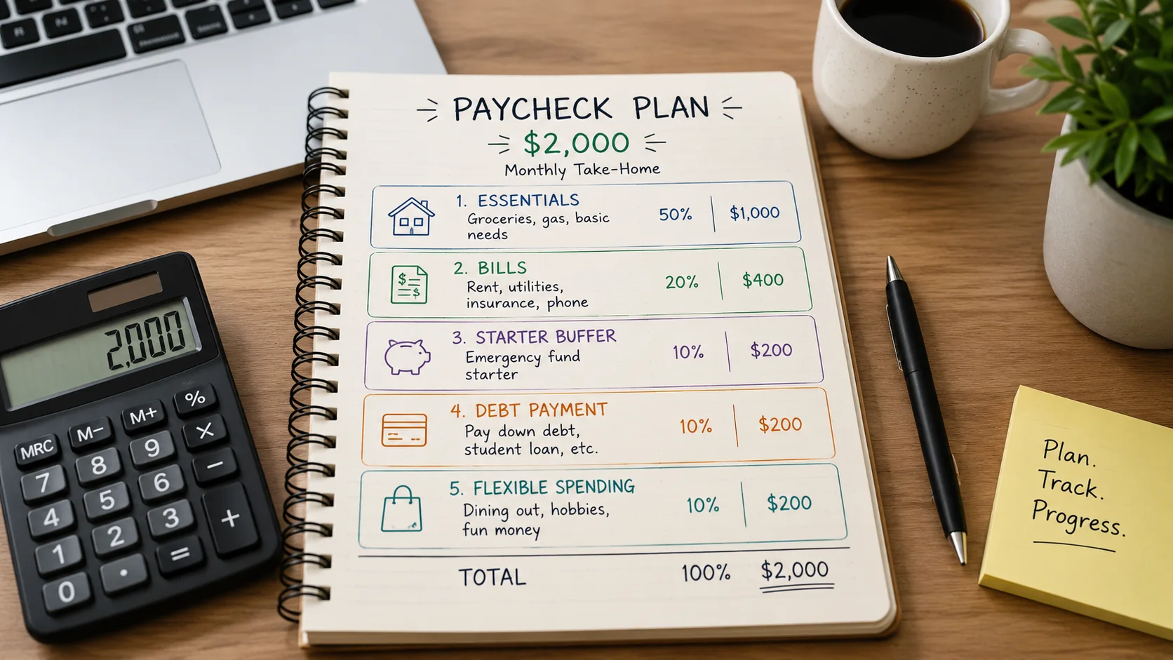 Simple paycheck plan dividing income between essentials bills buffer and flexible spending