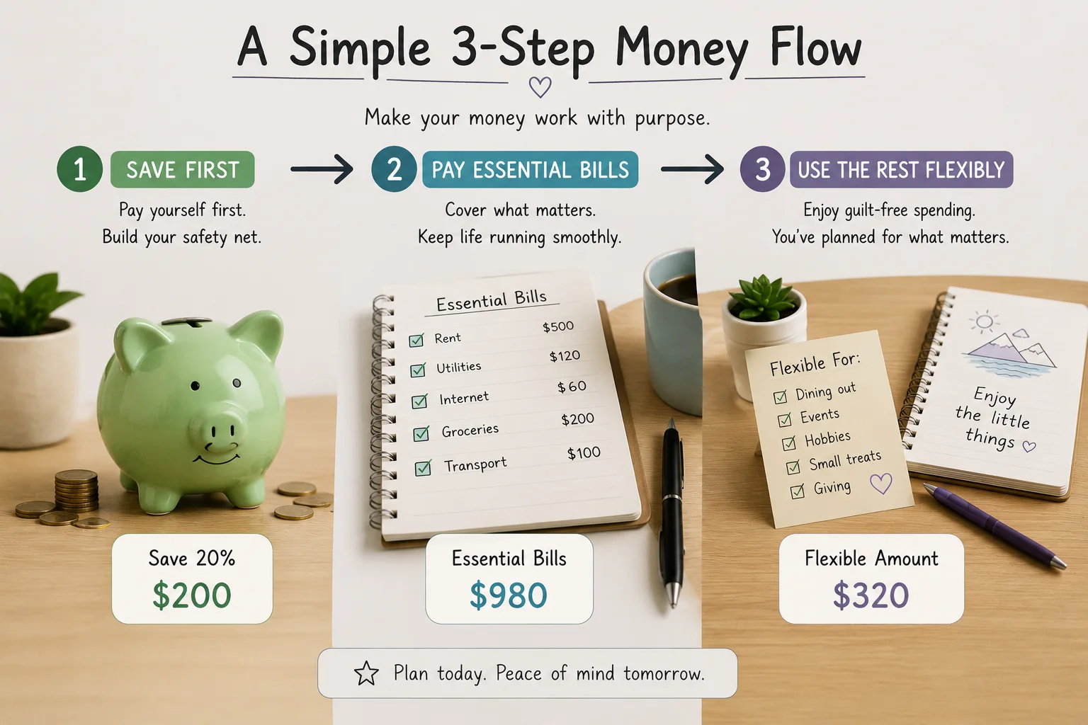 Anti budget method showing save first pay bills and spend the remaining amount