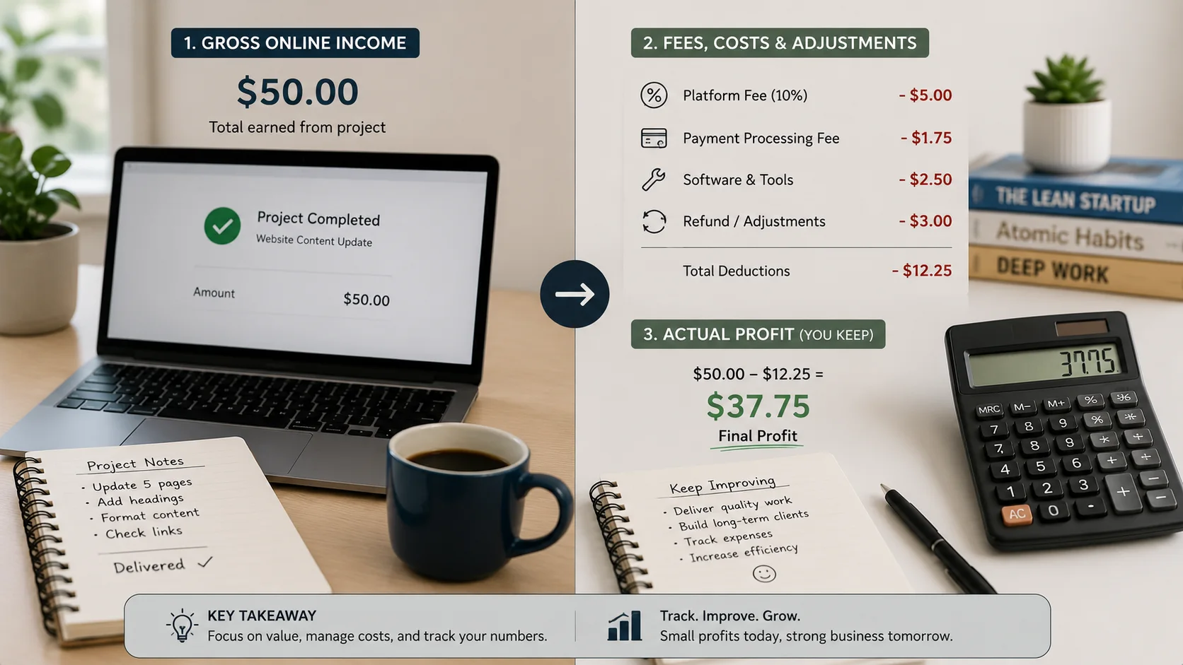 Online earner comparing gross income fees expenses and actual profit